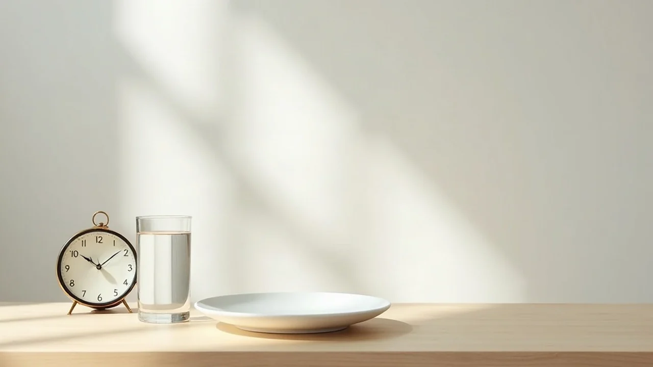Leeg wit bord naast een glas water en een klok op een lichte houten tafel