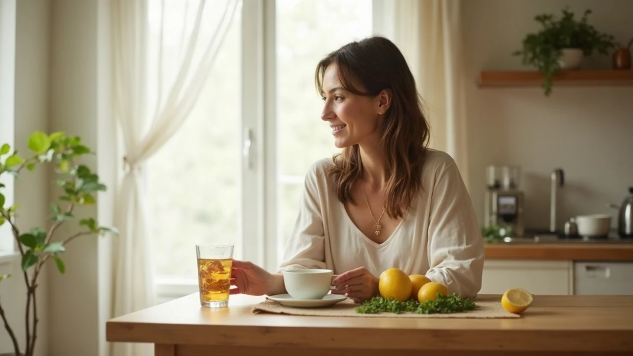 Vrouw aan een lichte keukentafel met een glas water en een kop kruidenthee bij zacht ochtendlicht