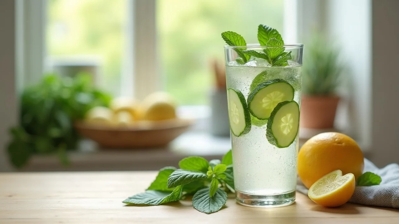 Glas water met komkommer en munt naast vers fruit en groene bladgroenten op een lichte houten keukentafel