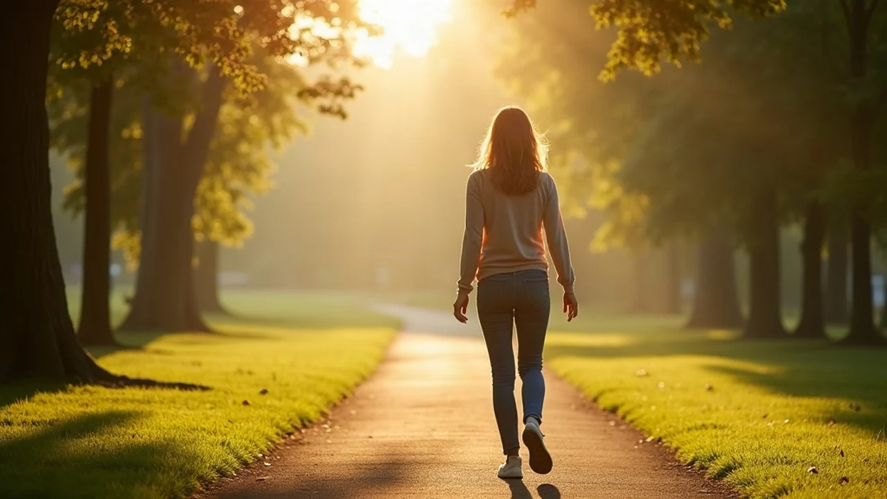 Vrouw die in de vroege ochtendzon rustig wandelt langs een groen park
