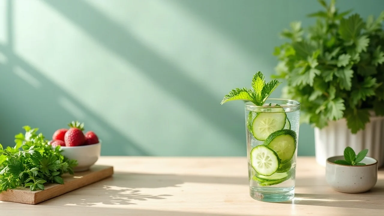 Glas water met komkommer en munt naast verse groenten en peterselie op een lichte houten tafel