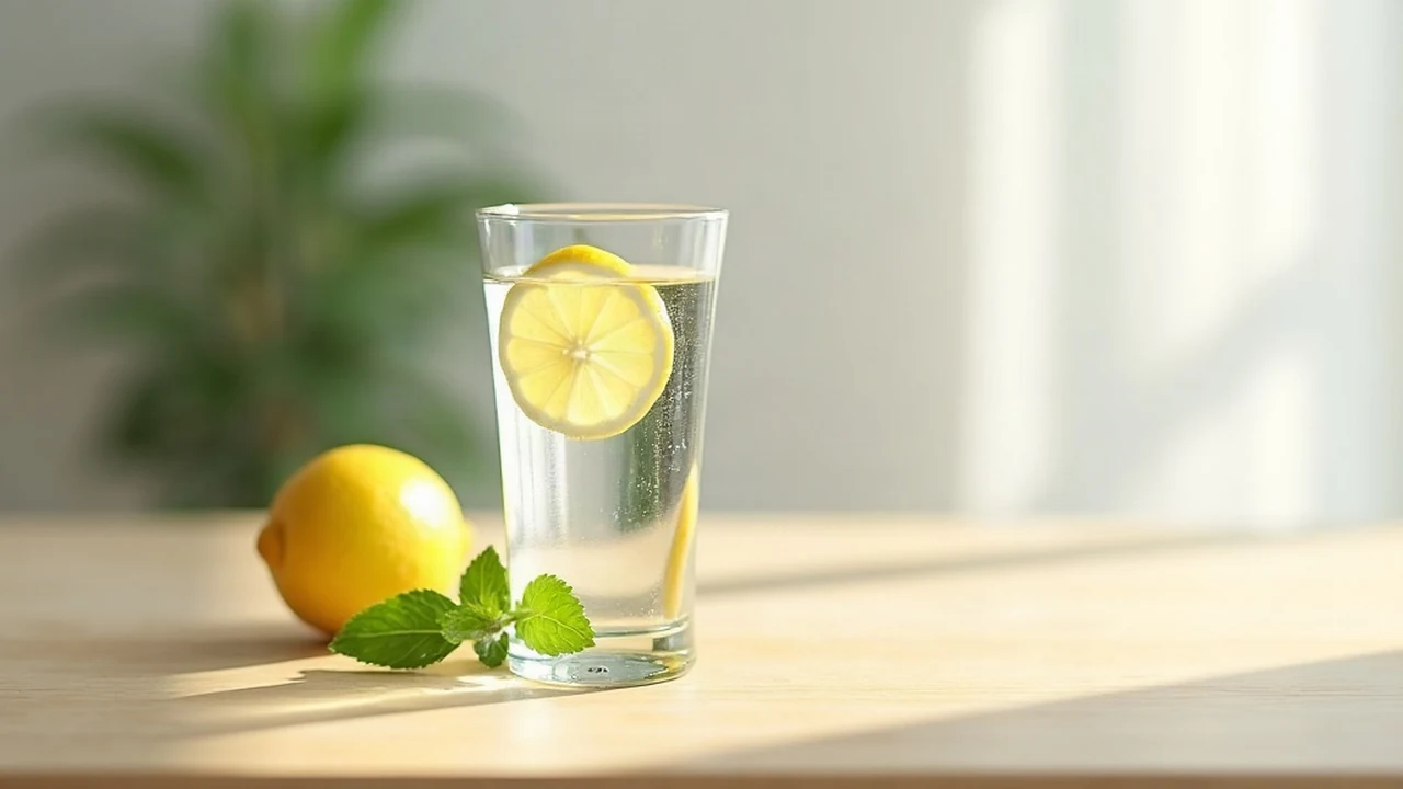 Glas lauw water met een schijfje verse citroen op een lichte keukentafel bij zacht ochtendlicht