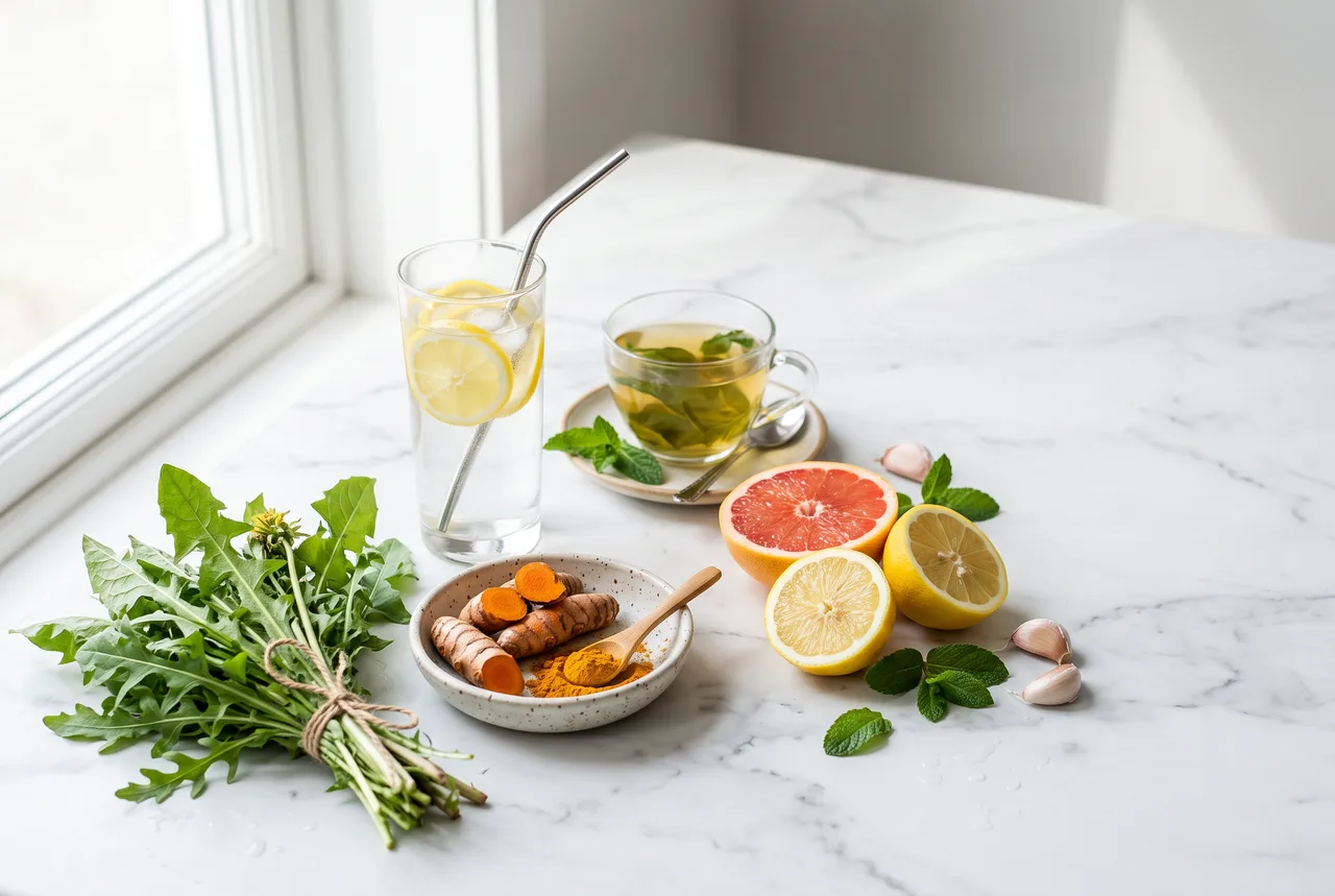 Glas water met citroen, een kop groene thee, verse kurkuma, grapefruit, citroen, paardenbloemblad en knoflook op een marmeren tafel bij het raam