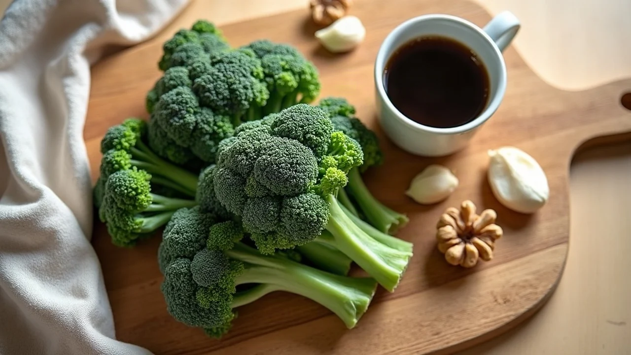 Houten snijplank met broccoli, bladgroente, knoflook, walnoten en een kop zwarte koffie op een lichte keukentafel